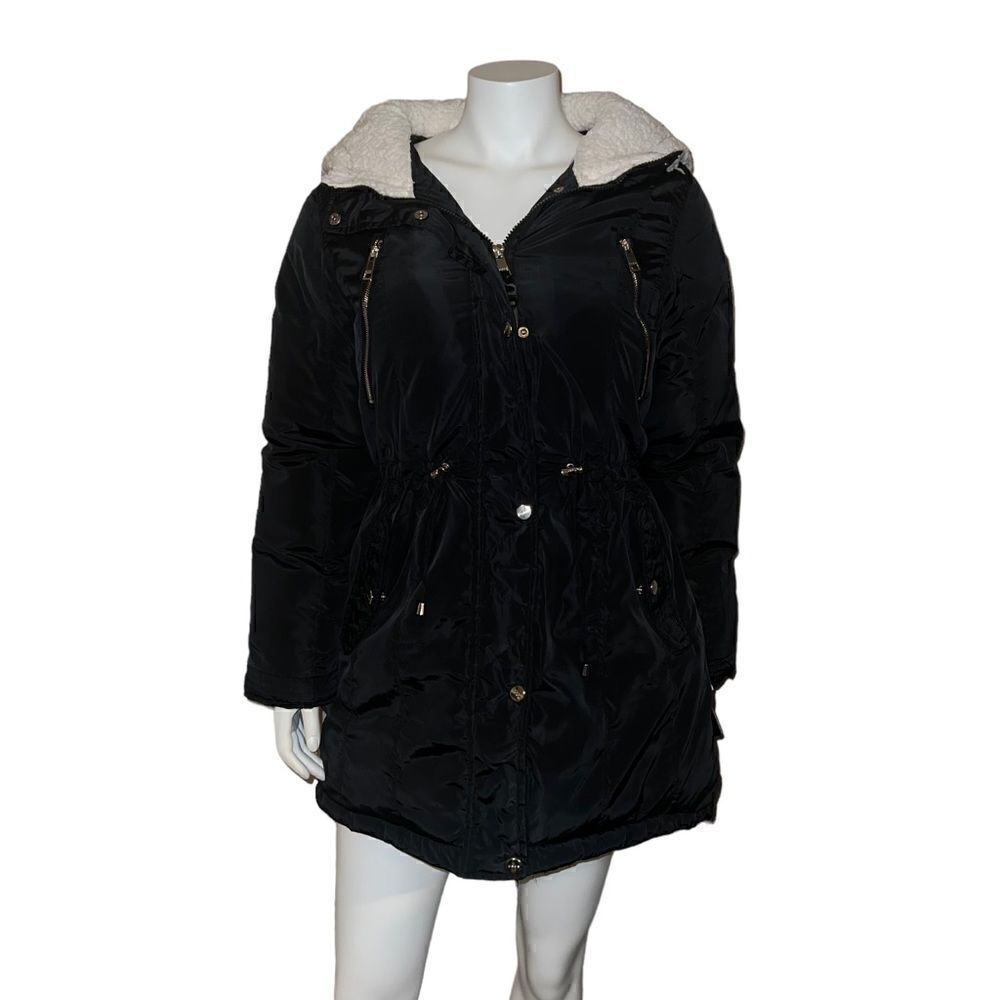 Bebe Womens Faux Sherpa Hood Anorak Coat OLYA229H Black Large NWT NWD